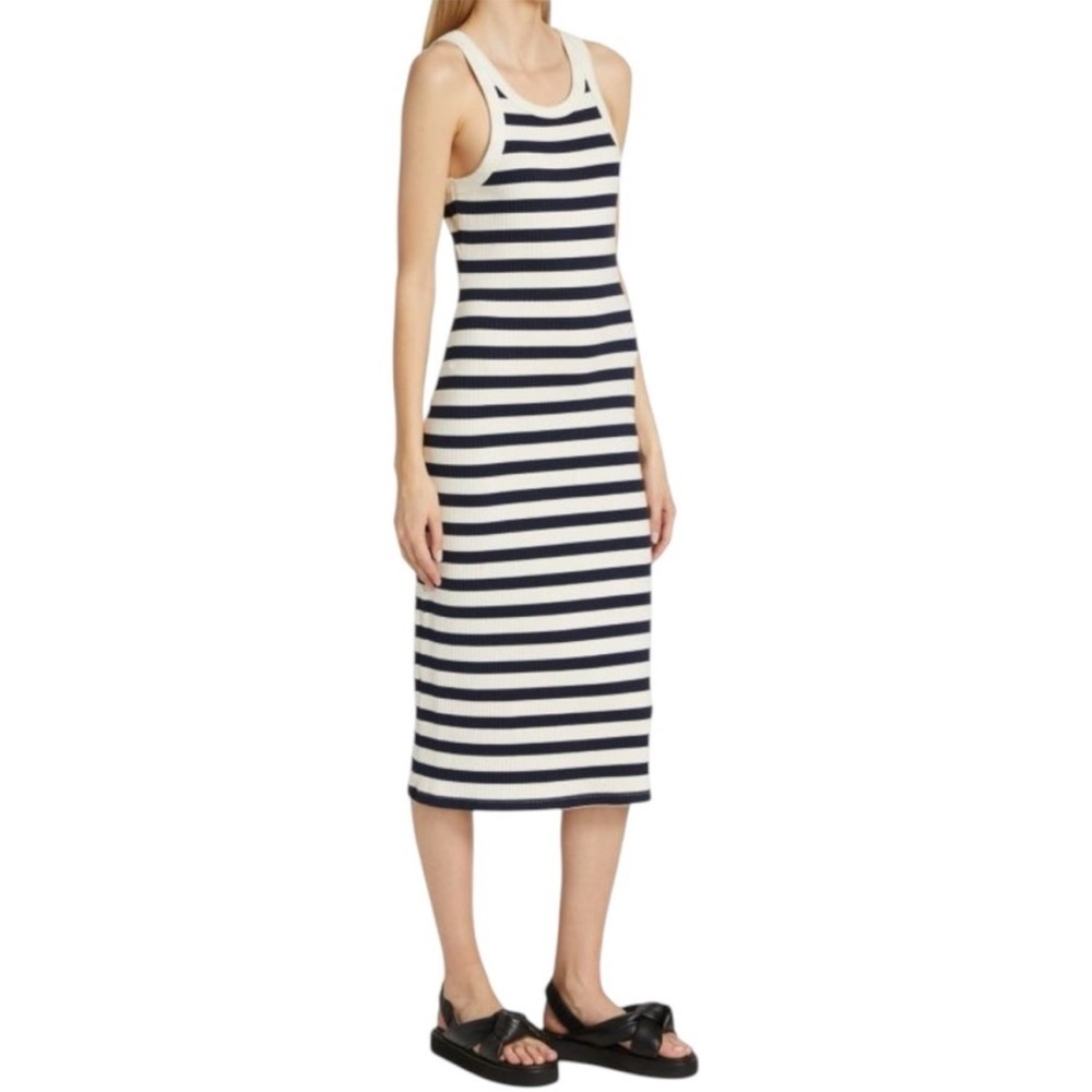 Mother The Chin Ups Move It Midi Dress Ribbed Knit Navy White Striped Size M